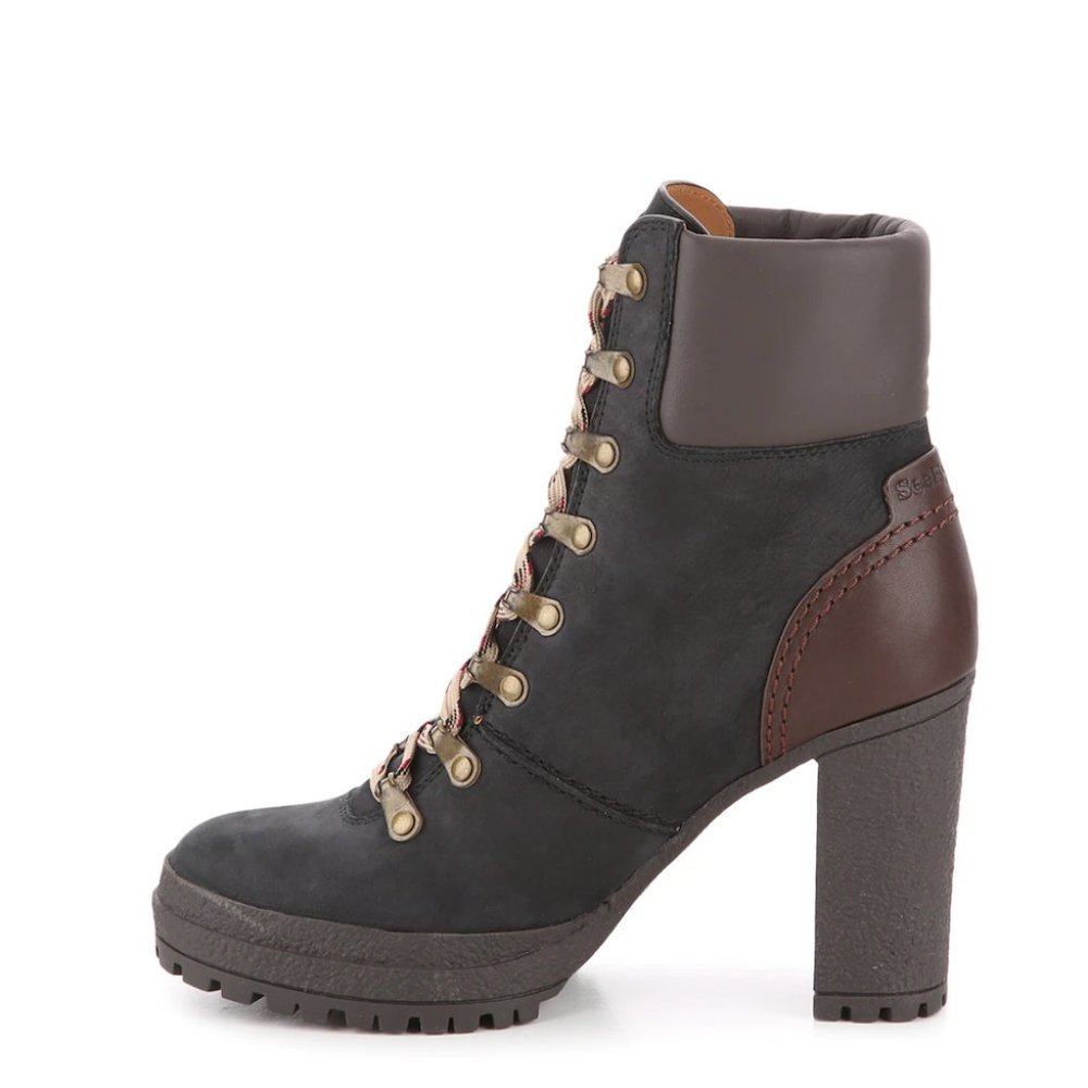 See by Chloé Black and Brown Leather Lace-Up Heeled Boot